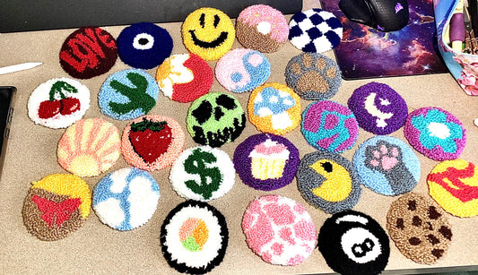 Set of 2 Punch Needle Car Coasters 2.75 inch diameter handmade car coasters